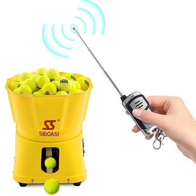 80W Yellow Tennis Feeding Machine , Mini Tennis Ball Server Speed Adjustable